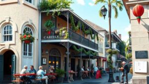 People are sitting at outdoor tables along a narrow street lined with historic buildings, one labeled “Carells.” Amid green plants and a red lantern, conversations flow—perhaps sharing budgeting tips under clear blue skies.