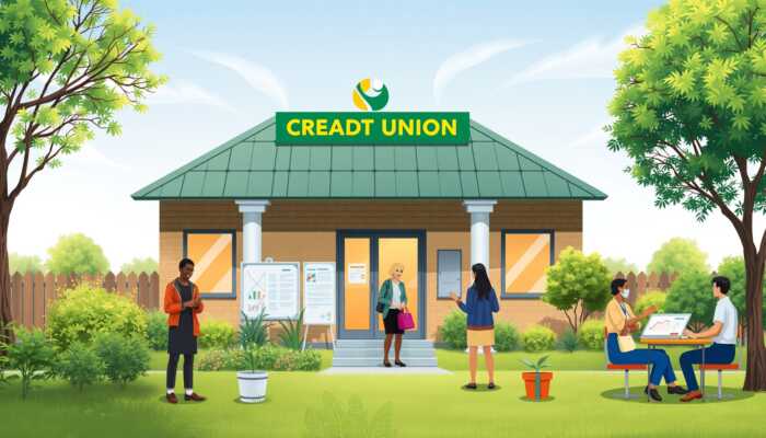 A friendly credit union building in a lush community setting, where people are engaging in conversations and receiving assistance, symbolizing support and financial relief.