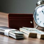 Stacks of U.S. hundred-dollar bills, a brown wallet, and a silver analog alarm clock are arranged on a wooden surface, symbolizing savings and the importance of managing money wisely, especially when considering payday loans.