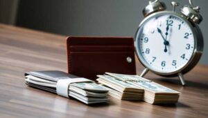 Stacks of U.S. hundred-dollar bills, a brown wallet, and a silver analog alarm clock are arranged on a wooden surface, symbolizing savings and the importance of managing money wisely, especially when considering payday loans.