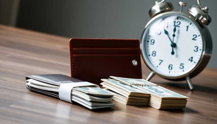 Stacks of U.S. hundred-dollar bills, a brown wallet, and a silver analog alarm clock are arranged on a wooden surface, symbolizing savings and the importance of managing money wisely, especially when considering payday loans.