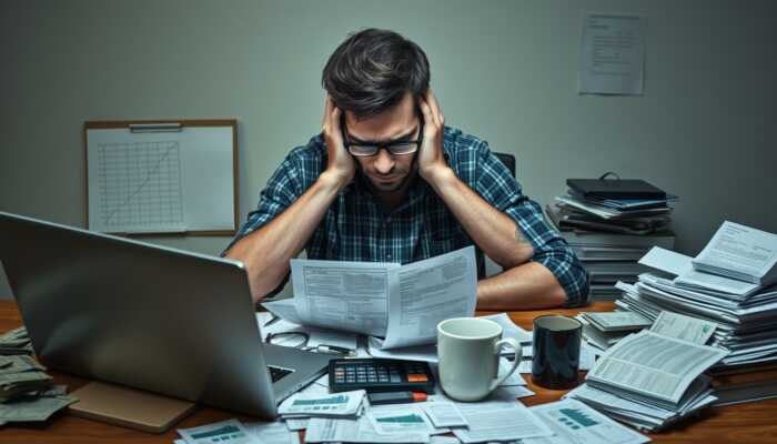 A distressed person surrounded by bills and a laptop, looking overwhelmed while analyzing finances at a cluttered table.