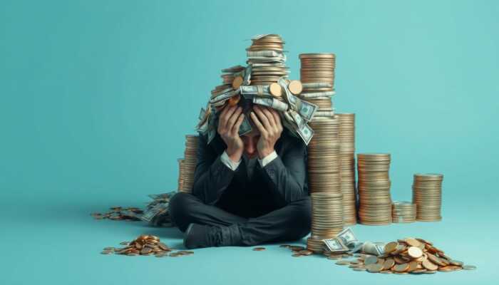 A person overwhelmed by towering stacks of coins and bills, representing high interest rates and financial burden, with a small pile of diminishing savings nearby.