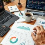 A person analyzes printed financial charts at a desk with a laptop, calculator, coffee cup, pen, and more charts—focused on financial recovery. Multiple financial graphs and data are displayed on the screens and papers.