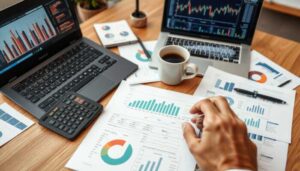 A person analyzes printed financial charts at a desk with a laptop, calculator, coffee cup, pen, and more charts—focused on financial recovery. Multiple financial graphs and data are displayed on the screens and papers.