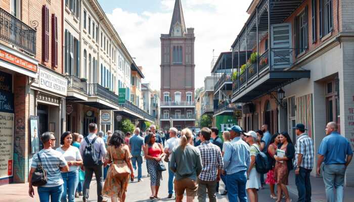 A vibrant New Orleans street scene with diverse individuals discussing finances against a backdrop of historic architecture and street art, symbolizing personal loans and community support.
