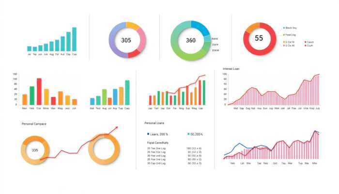 Infographic displaying various personal loan interest rates from different banks, featuring colorful bar graphs, pie charts, and line charts on a white background.
