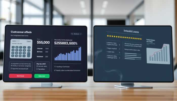 Side-by-side comparison of two loan offers featuring interest rates, fees, repayment terms, a calculator, financial graphs, customer reviews, and ratings on a digital background.