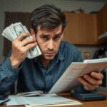 A man sits at a table in a kitchen, holding a stack of cash to his ear with one hand and examining documents about payday loan law loopholes with the other. Papers, a calculator, and a coffee mug are on the table in front of him.