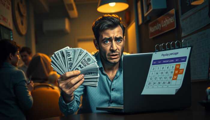 Person anxiously holding bills in a dimly lit room with a laptop displaying a payday loan website and a calendar marked with an approaching payday, illustrating financial stress and urgency.