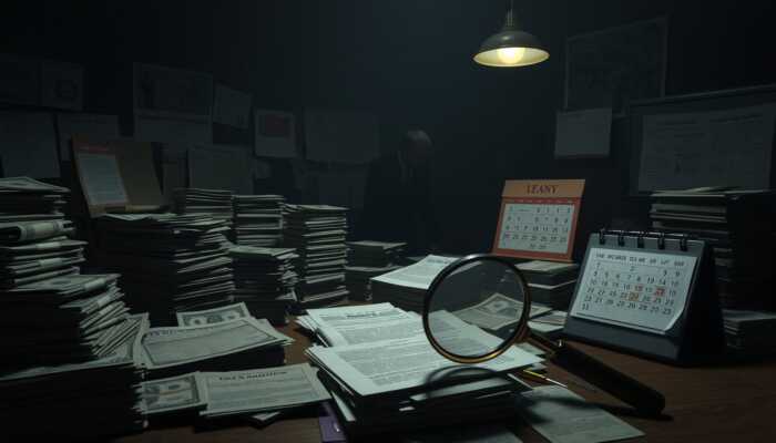 A shadowy figure examines legal documents and cash in a dimly lit room, with a magnifying glass highlighting fine print and a calendar showing urgent deadlines.