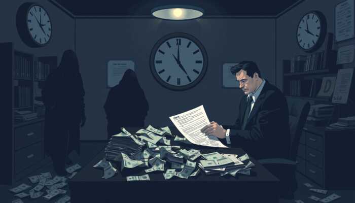 Illustration of a payday lender's office with a distressed borrower reviewing complex loan documents, piles of crumpled bills on the desk, shadowy figures, and a large clock, conveying deception and entrapment through hidden fees and unclear contracts.