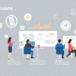 Illustration of four people working at desks with charts, graphs, and documents under the heading "Personal Loans." Essential insights and various loan terms are displayed on monitors and boards, perfect for those seeking guidance after buying a house.