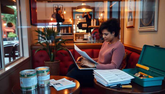 Person in a cozy New Orleans café reviewing financial documents on a laptop, surrounded by items symbolizing home improvements, debt consolidation, and unexpected expenses, reflecting financial flexibility and personal growth.