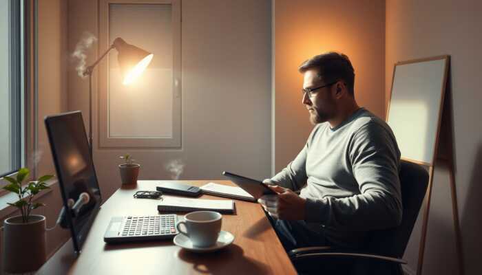 Person contemplating financial options at a cozy desk with a calculator, notepad, and coffee, illuminated by soft sunlight.