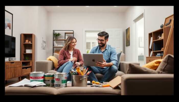 A couple discussing finances over a laptop in a modern living room with home improvement materials, symbolizing financial growth and planning for renovations.