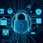 A glowing padlock is centered with digital icons representing security, such as shields and locks, surrounding it. Circuit lines and binary code in the background highlight themes of cybersecurity, digital safety, or secure finances.