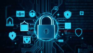 A glowing padlock is centered with digital icons representing security, such as shields and locks, surrounding it. Circuit lines and binary code in the background highlight themes of cybersecurity, digital safety, or secure finances.