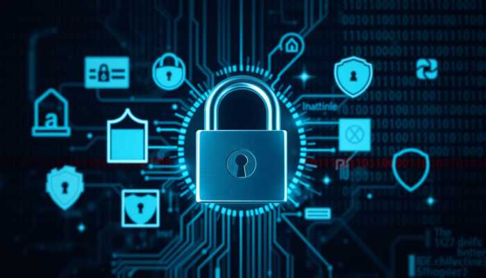 A glowing padlock is centered with digital icons representing security, such as shields and locks, surrounding it. Circuit lines and binary code in the background highlight themes of cybersecurity, digital safety, or secure finances.