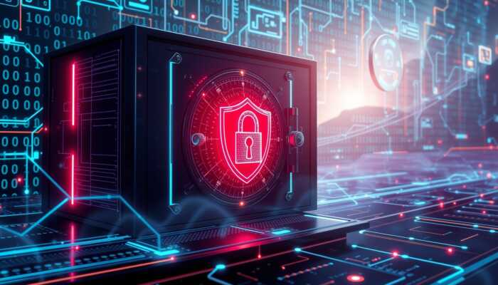 Futuristic digital landscape showcasing a secure vault with glowing encryption symbols, surrounded by shield and padlock icons, symbolizing strong authentication and protection of personal information amid interconnected networks and binary code.