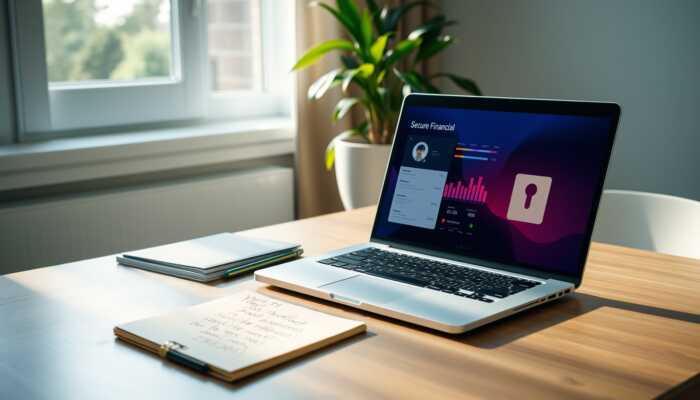A modern home office with a laptop showing a financial app, a notepad with notes, and a potted plant, illustrating organization and digital safety.