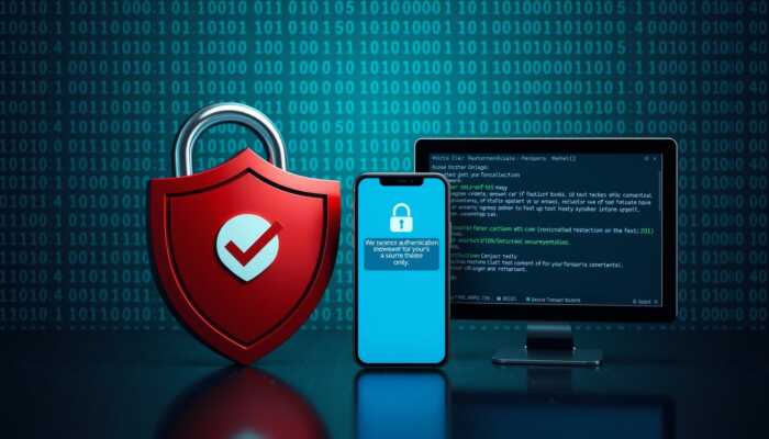 A secure digital environment illustrating cybersecurity measures, featuring a strong padlock, a shield with a checkmark, a smartphone with a two-factor authentication prompt, and a computer screen displaying software update notifications, set against a backdrop of binary code and a network grid.