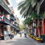 A pedestrian street lined with colorful buildings, palm trees, and outdoor cafes offers a lively scene where people stroll or relax at tables, exchanging quick strategies for managing finances or finding emergency relief on a sunny day.