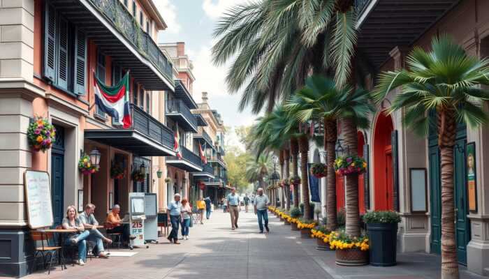 A pedestrian street lined with colorful buildings, palm trees, and outdoor cafes offers a lively scene where people stroll or relax at tables, exchanging quick strategies for managing finances or finding emergency relief on a sunny day.