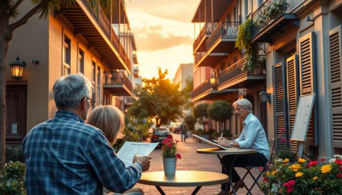 A couple discussing financial documents at an outdoor café table in a cozy New Orleans street scene with a historic building and lush greenery.