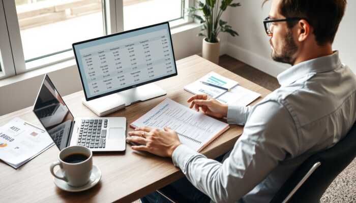 Person evaluating loan options on a laptop at a desk with financial documents, a calculator, and a notepad in a modern office.