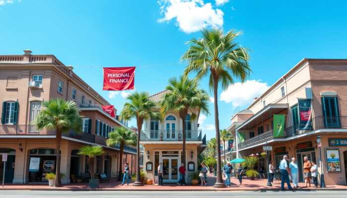 A sunny street scene with palm trees, pedestrians, and shops on both sides. A red banner reading "PERSONAL FINANCE: PAYDAY LOAN STRATEGIES" hangs above the road between two buildings. The sky is blue with some clouds.