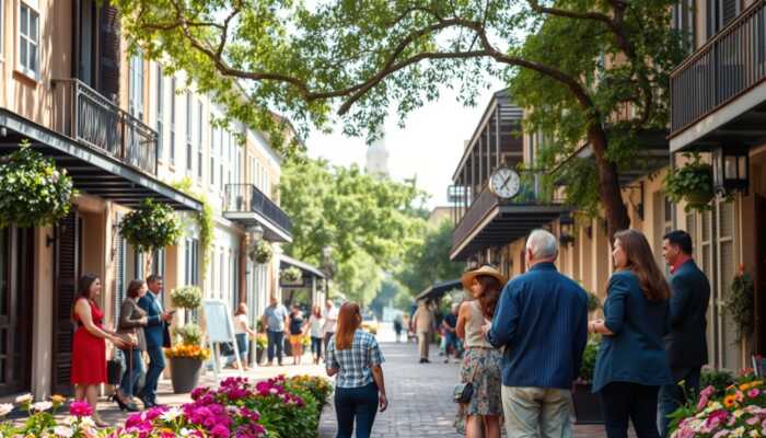 A diverse group of people discussing finances on a serene New Orleans street, surrounded by historic architecture and vibrant flowers, symbolizing hope and financial relief.