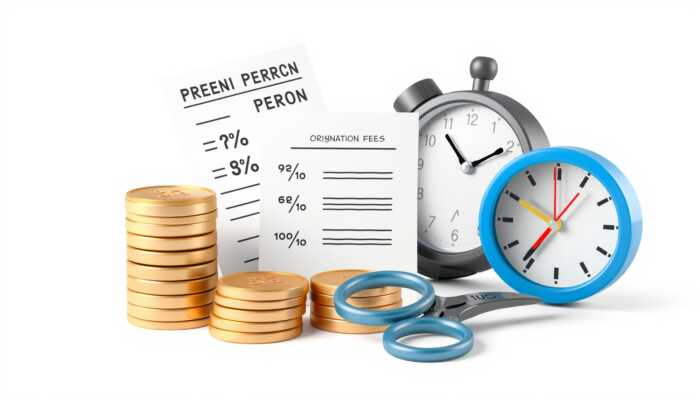 Illustration of personal loan elements including coins with interest rate percentages, a document showing origination fees, a clock for late payment, and scissors representing prepayment penalties.