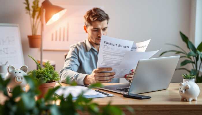 Person reviewing financial documents at a desk with plants, a laptop, a piggy bank, and a calculator, symbolizing financial planning and management.