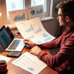 A man in glasses sits at a desk working on a laptop, surrounded by printed charts detailing Fall Expenses, a calculator, notepad, and coffee. Sunlight streams through the window behind him as he analyzes the financial impact.