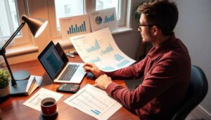 A man in glasses sits at a desk working on a laptop, surrounded by printed charts detailing Fall Expenses, a calculator, notepad, and coffee. Sunlight streams through the window behind him as he analyzes the financial impact.