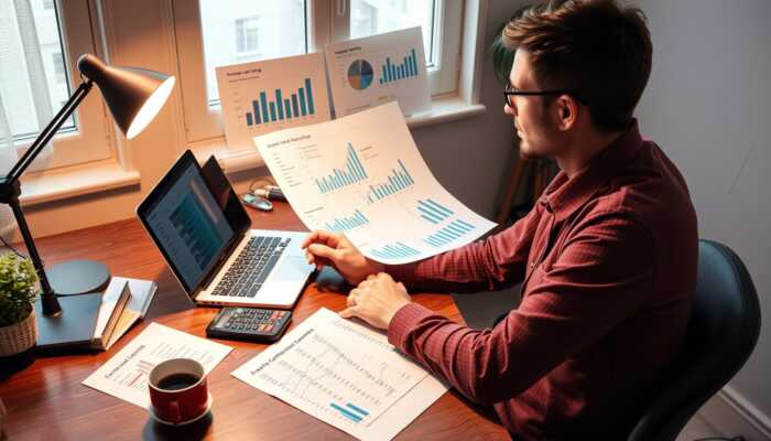 A man in glasses sits at a desk working on a laptop, surrounded by printed charts detailing Fall Expenses, a calculator, notepad, and coffee. Sunlight streams through the window behind him as he analyzes the financial impact.