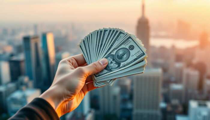 A hand holding a stack of cash with a blurred city skyline in the background, representing financial support and personal loans.