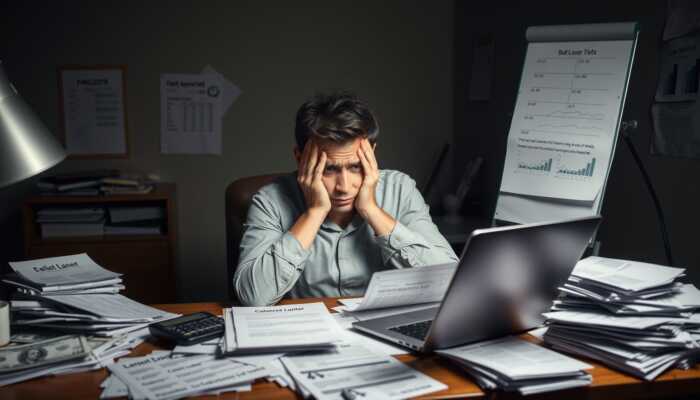 A worried individual at a desk cluttered with bills and loan documents, using a calculator and laptop, reflecting stress and financial burden in a dimly lit room.
