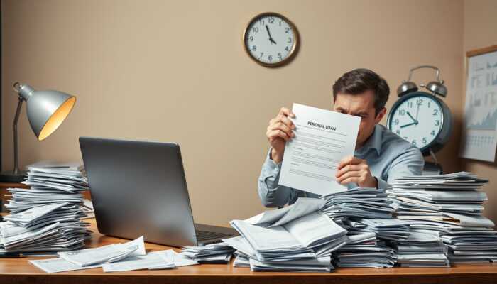 Stressed person at a desk with bills and a laptop, holding a personal loan agreement, symbolizing financial pressure and deadlines.