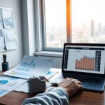 A person works at a desk with financial charts and budgeting plans on paper, a laptop displaying a bar graph, next to a window with a city skyline view. Sunlight enters the room and a small potted plant sits on the desk.
