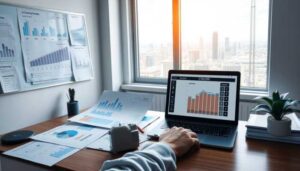 A person works at a desk with financial charts and budgeting plans on paper, a laptop displaying a bar graph, next to a window with a city skyline view. Sunlight enters the room and a small potted plant sits on the desk.