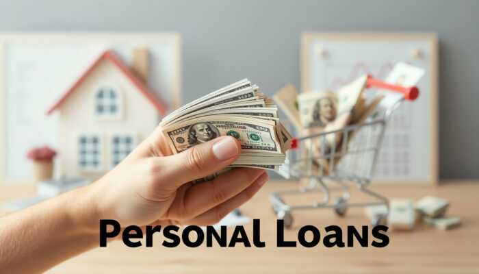 Person holding a stack of cash with a blurred background of a home, shopping cart, and bills, representing the various uses of personal loans.