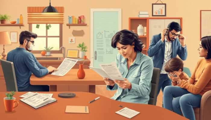 A diverse group of people managing personal finances, including reviewing medical bills, discussing finances with an advisor, and evaluating home repair costs, illustrating the use of personal loans for emergencies and debt consolidation.