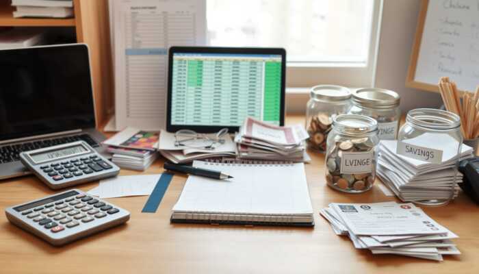 A well-organized desk featuring a calculator, notepad, and laptop displaying a budgeting spreadsheet, surrounded by bills, receipts, and labeled jars for savings, expenses, and loan repayments in soft natural light.