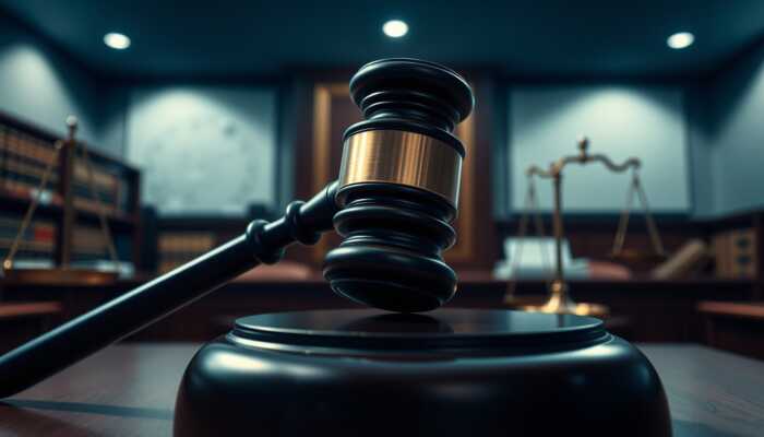 A gavel striking a sound block in a dimly lit courtroom, representing federal payday loan regulations and legal proceedings.
