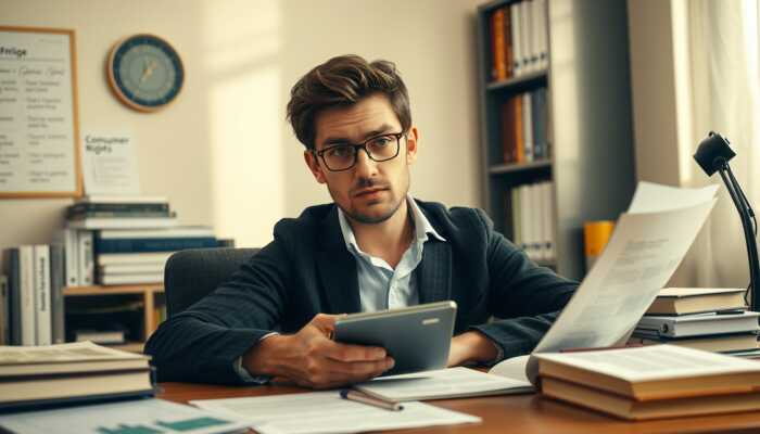 A focused individual at a desk examines loan documents with a calculator, surrounded by finance and consumer rights books in a warm, softly lit environment.
