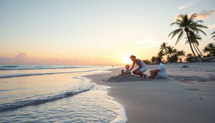A family building a sandcastle on a serene beach at sunset, surrounded by palm trees and gentle waves, capturing the essence of a joyful vacation.
