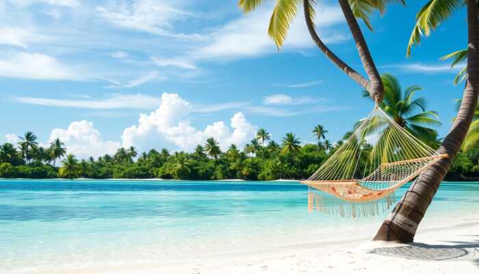 Tropical beach scene with crystal-clear waters, swaying palm trees, and a hammock for relaxation.