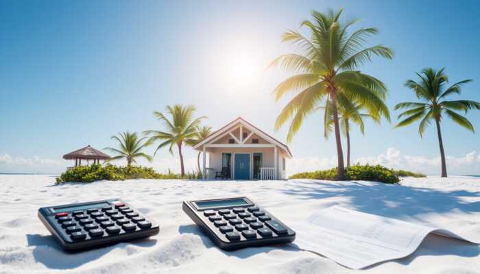 A peaceful beach scene featuring a cozy beach house and palm trees, with financial paperwork and a calculator in the foreground, symbolizing the process of selecting a lender for a vacation loan.